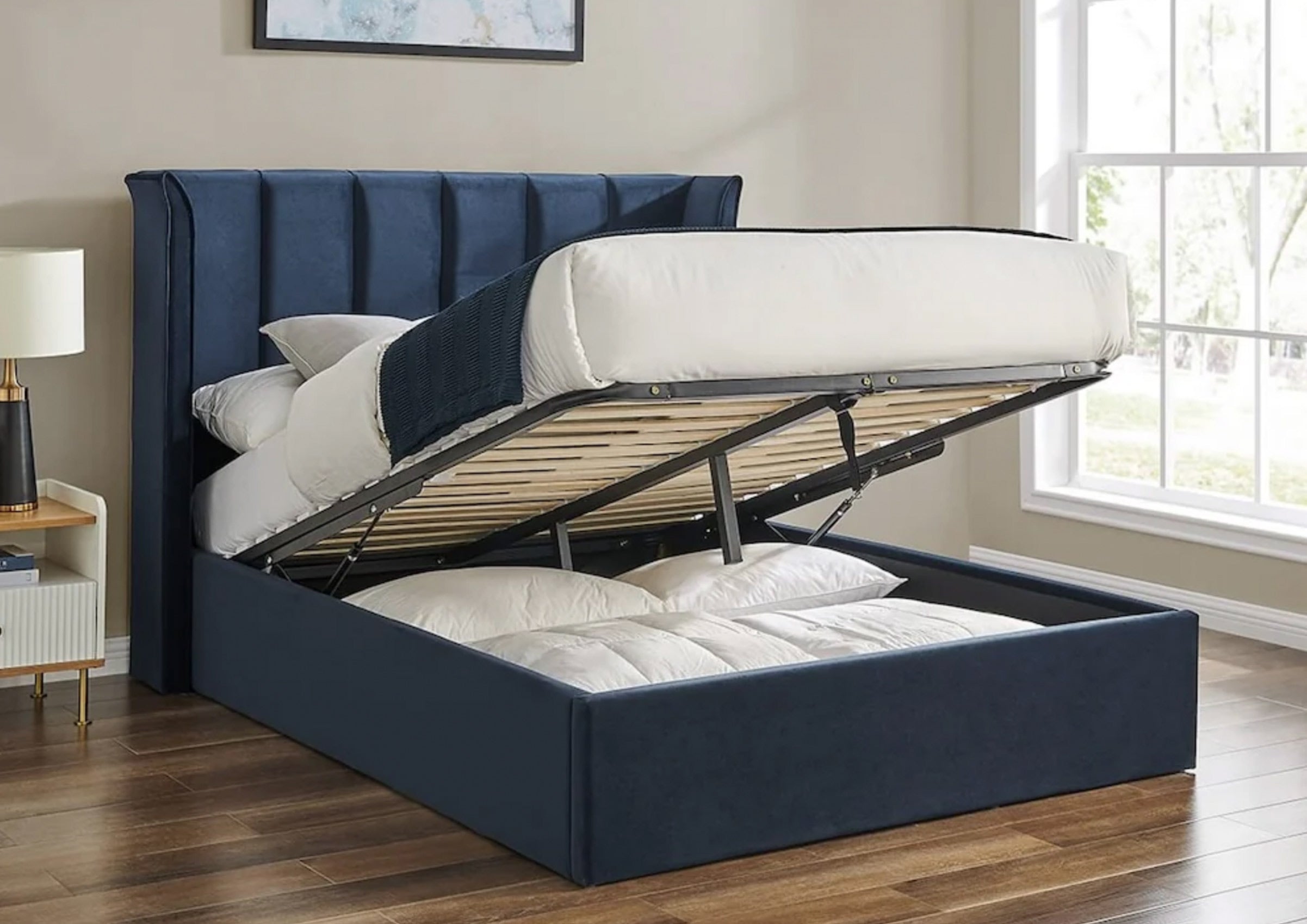 Polaris Navy Ottoman Fabric Bed Frame