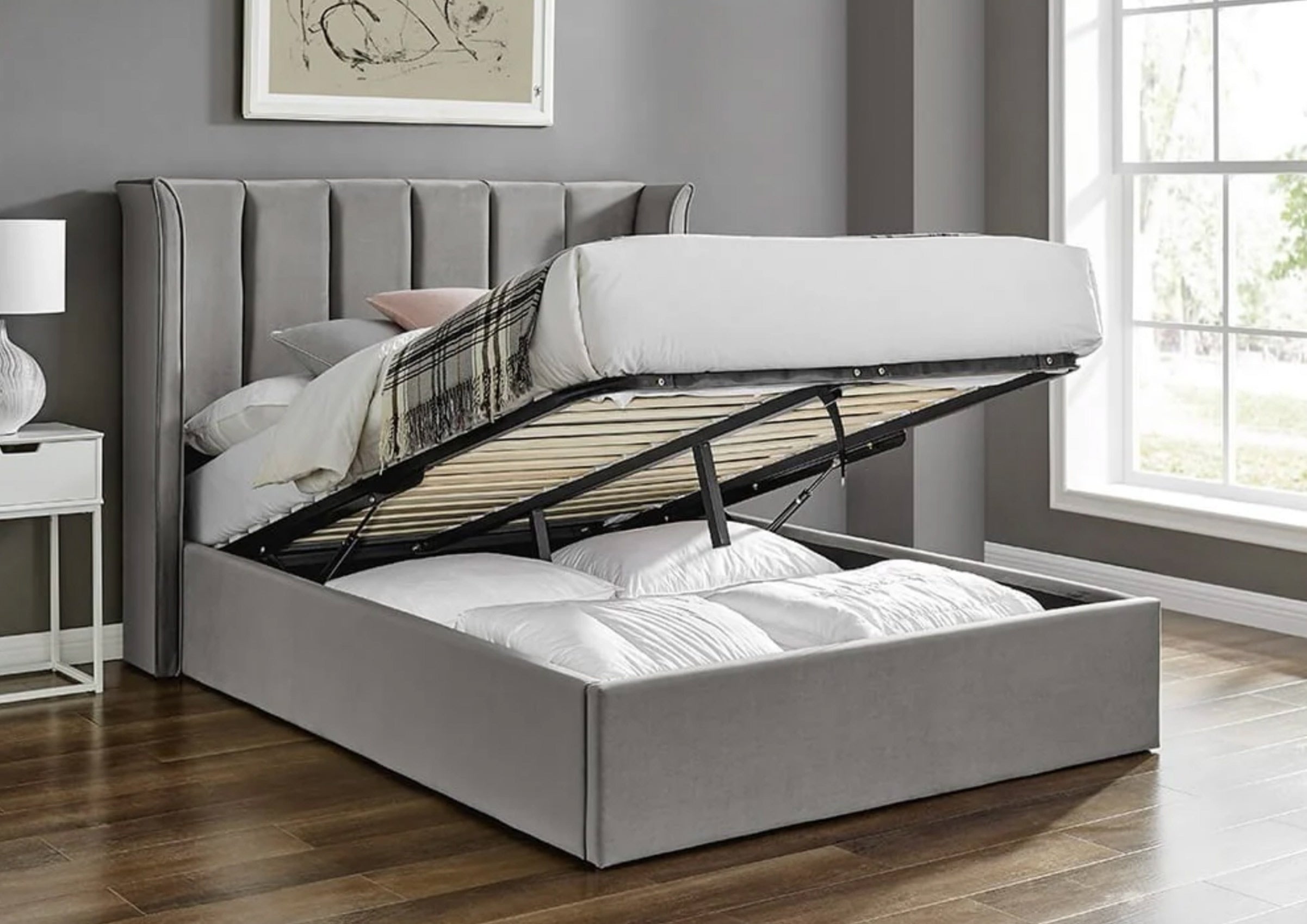 Polaris Silver Ottoman Fabric Bed Frame